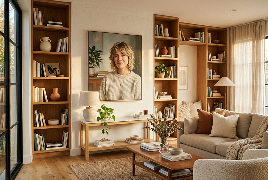 портрет на холсте в интерьере — подарок на день рождения