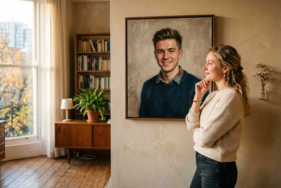 портрет на холсте на стене — реакция именинницы на подарок