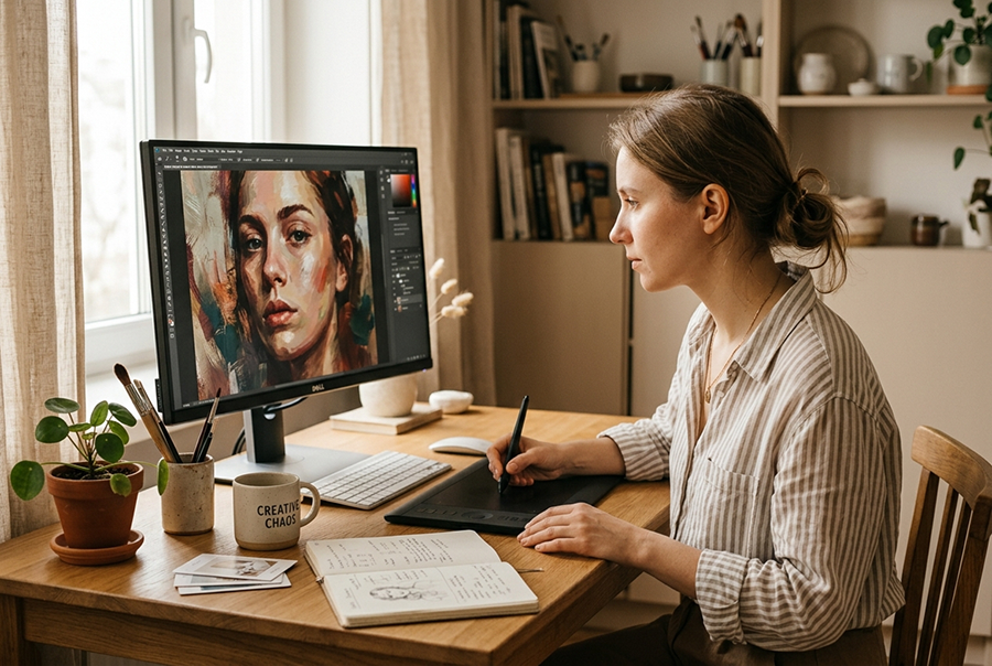 художник рисует портрет по фото на заказ вручную