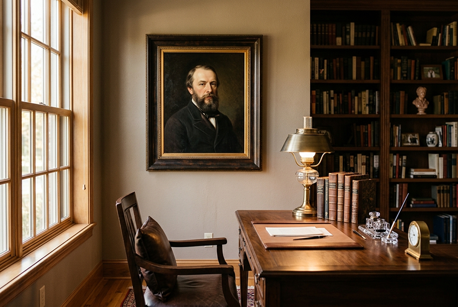 портрет мужчины на холсте в интерьере кабинета