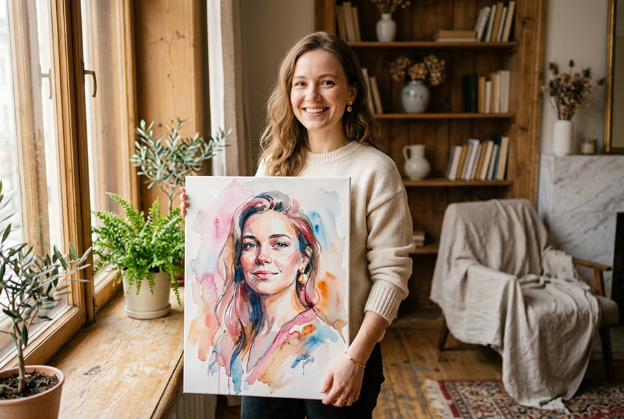 подарок ручной работы для женщины — портрет на холст