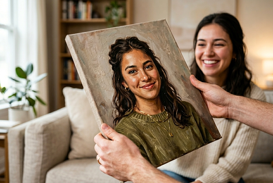 девушка получает портрет на холсте в подарок на день рождения