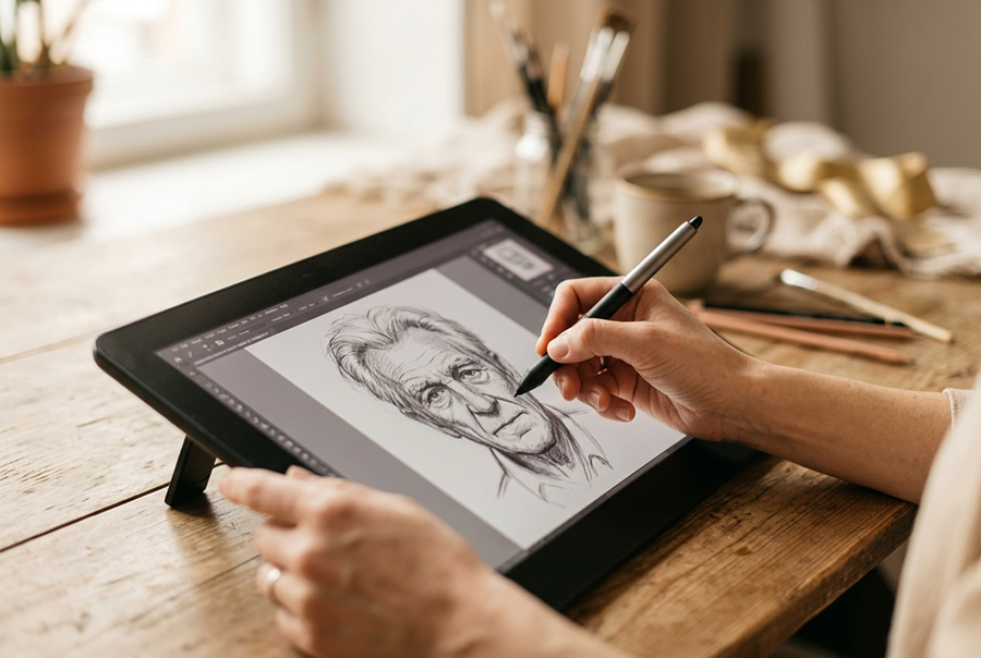 художник вручную рисует эскиз портрета дедушки на заказ