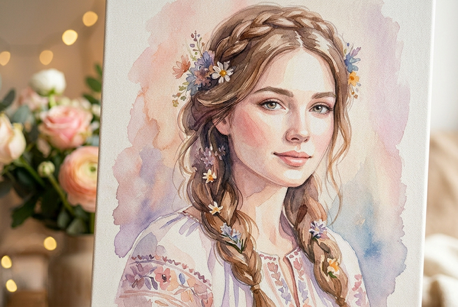 подарок женщине на юбилей портрет на холсте акварель