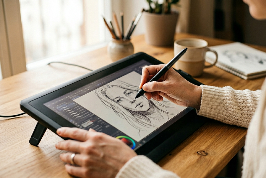 художник рисует портрет вручную для подарка на юбилей