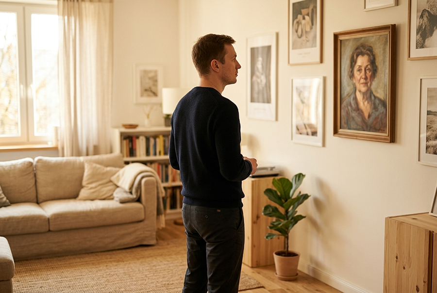 мужчина с подарком портретом на холсте дома