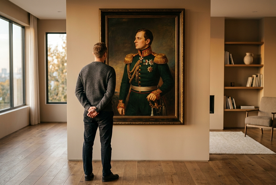 мужчина у портрета на холсте — подарок на день рождения
