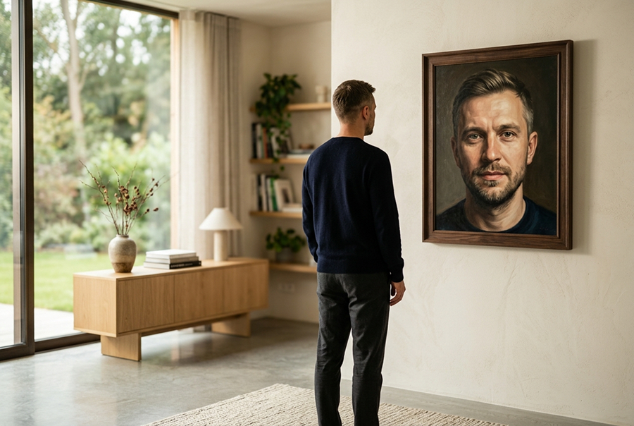 незабываемый подарок мужчине портрет на стене в интерьере