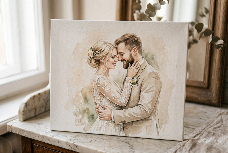 портрет молодоженов на холсте подарок на свадьбу акварель