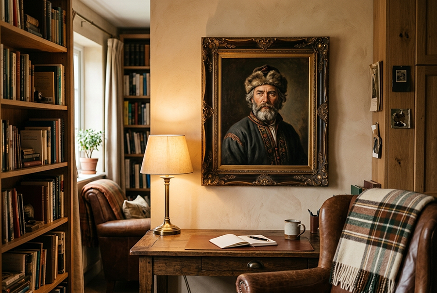 портрет мужчины в подарок на стене в интерьере кабинета