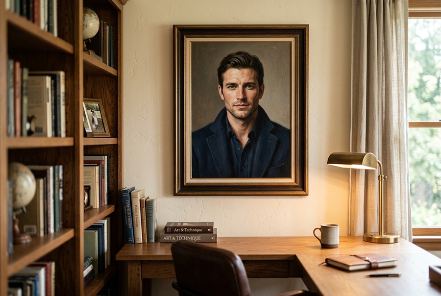 памятный подарок мужу — портрет на холсте в интерьере