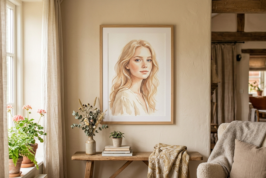 подарок женщине на день рождения — акварельный портрет на холсте