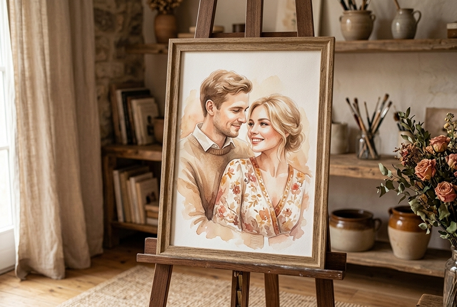 подарок мужу — парный портрет супругов на холсте