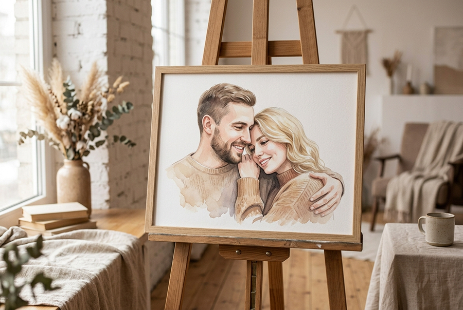 романтичный подарок мужу — портрет пары на холсте