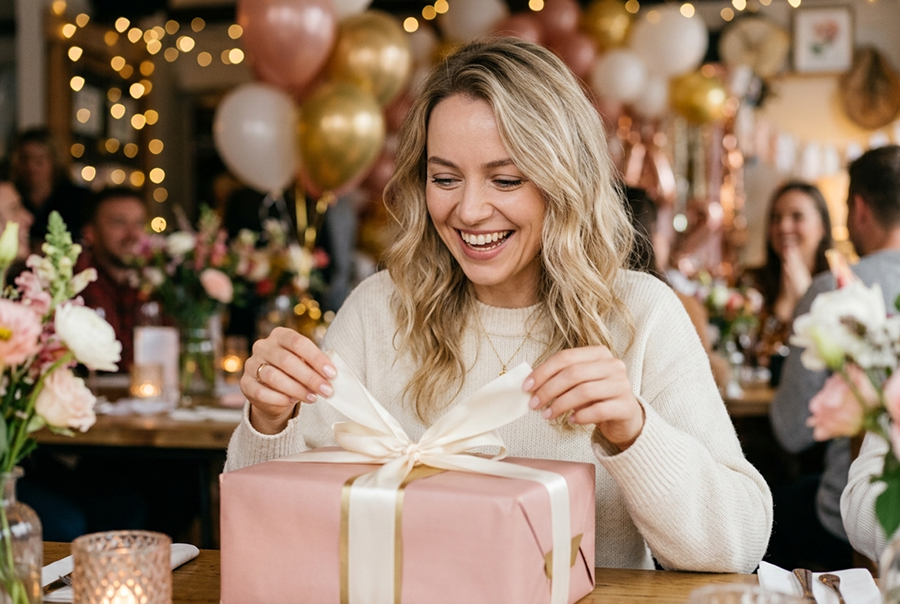 девушка получает подарок на день рождения