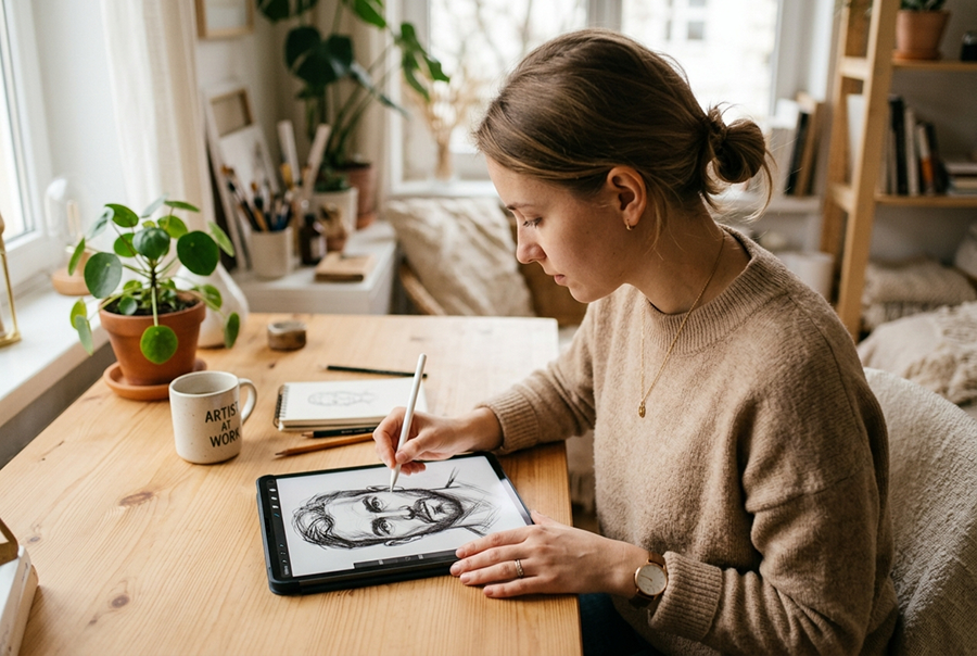 художник создаёт портрет мужчины на планшете ручная работа