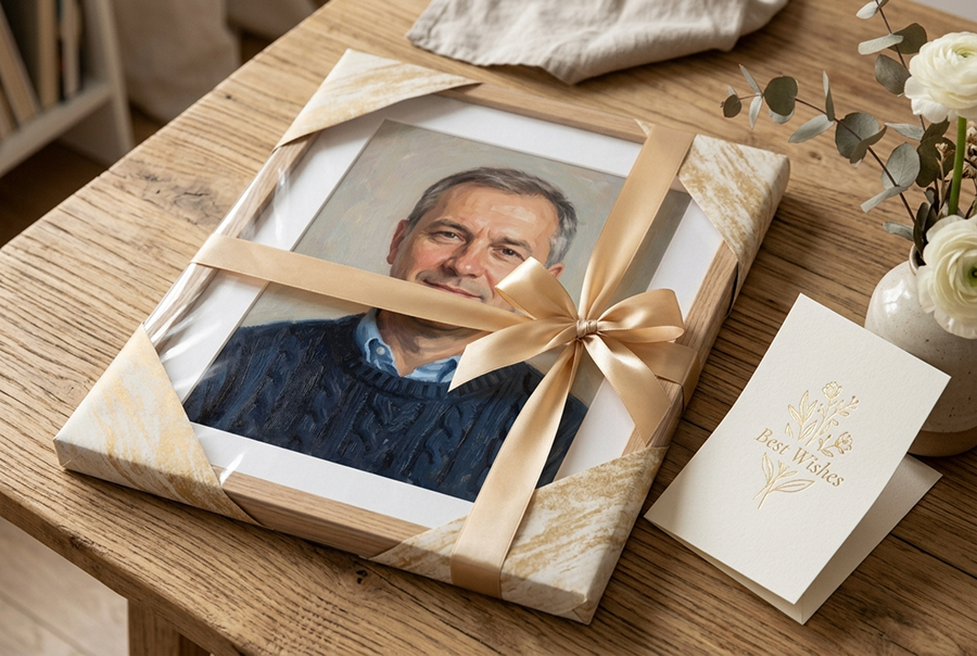 подарок мужчине в красивой упаковке с портретом