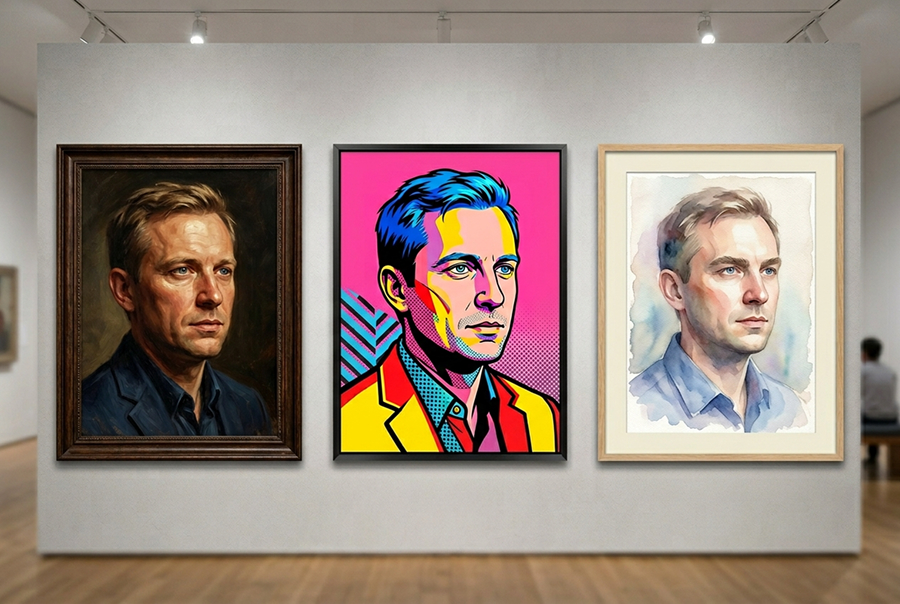 стили портрета мужчины на холсте — масло поп-арт акварель