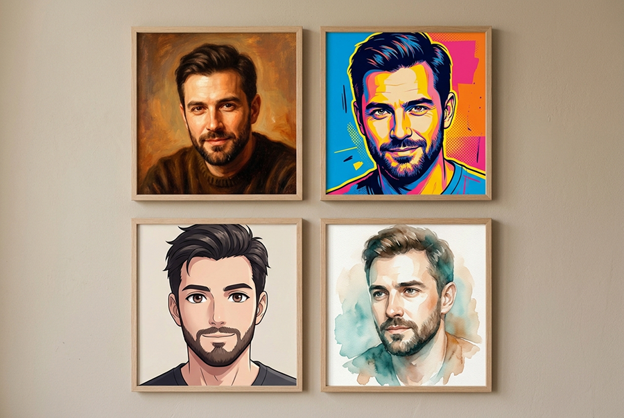 стили портретов мужчины на холсте масло поп-арт аниме акварель