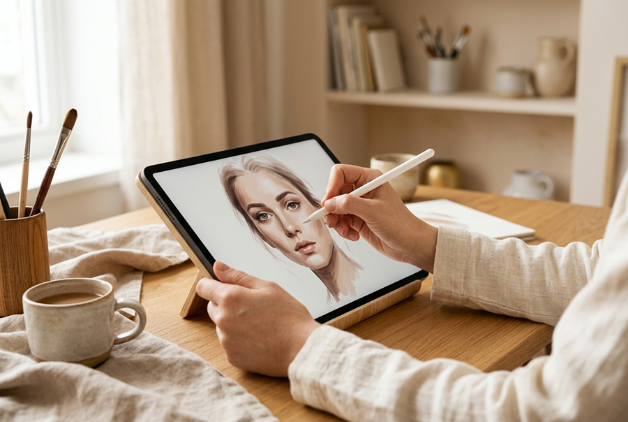 художник создаёт портрет на холсте вручную — Монро Арт