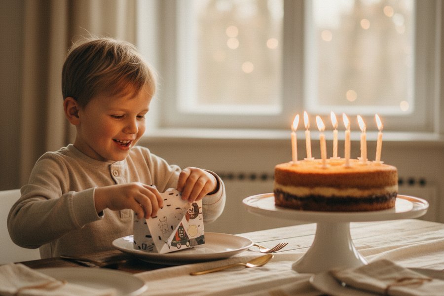 ребёнок разворачивает подарок на день рождения 5 лет