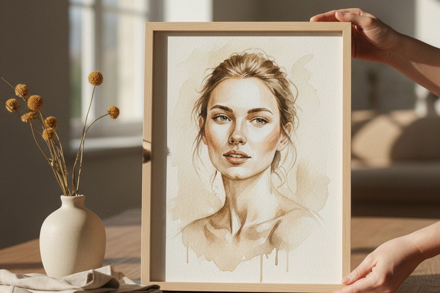портрет коллеги женщины на холсте в стиле акварели