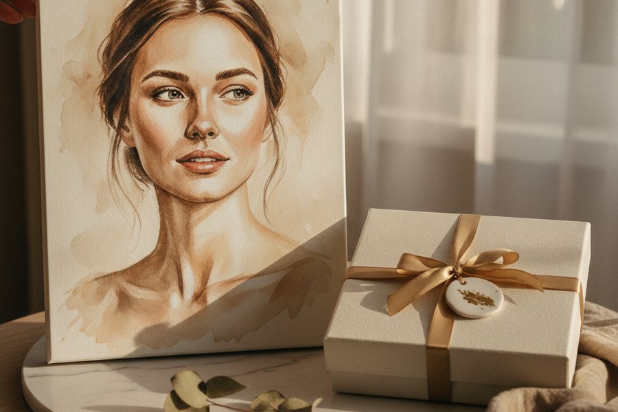 необычный подарок на день рождения женщине — портрет на холсте