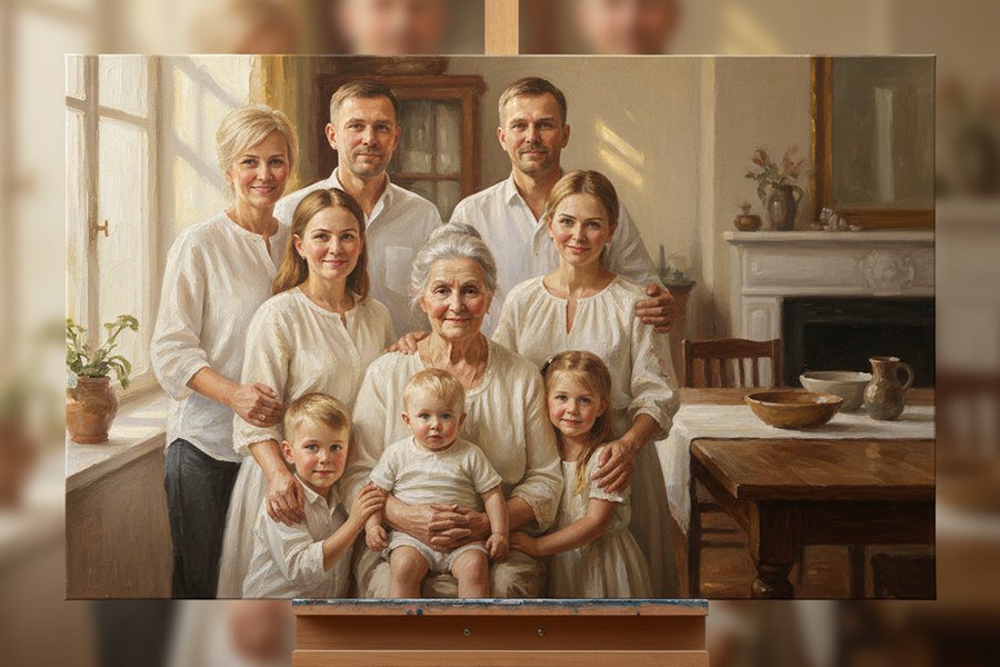 семейный портрет на холсте в подарок свекрови, семья вместе