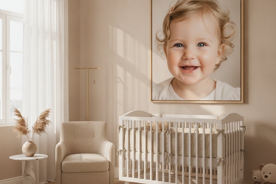 портрет девочки на холсте в детской комнате