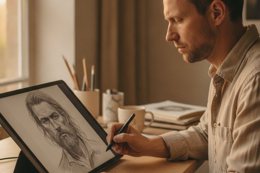 художник создаёт мужской портрет по фотографии