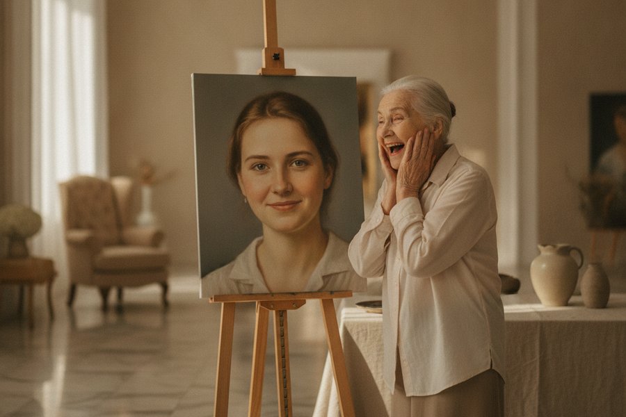 женщина получает портрет в подарок на юбилей 75 лет
