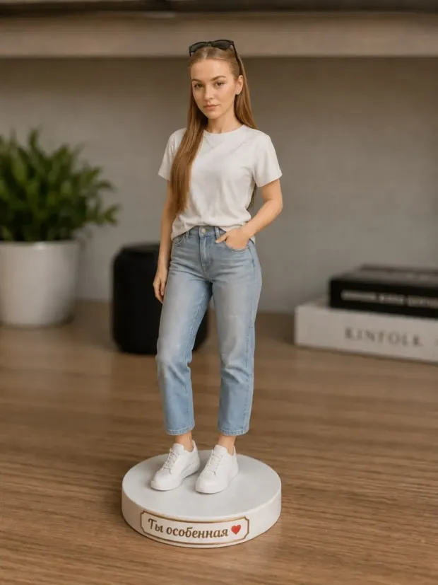 3D-фигурка девушки в джинсах и белой футболке, на подставке надпись «Ты особенная»