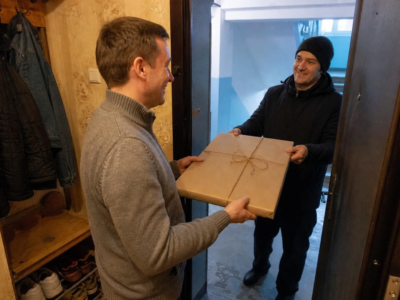 Курьер вручает клиенту портрет в подарочной упаковке